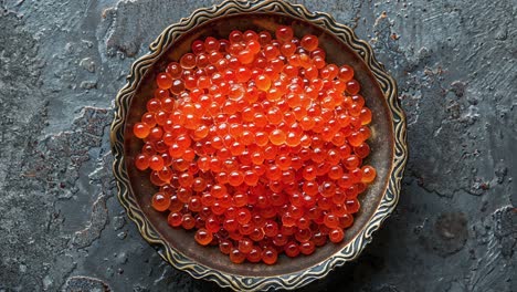 Top-View-of-Red-Salmon-Caviar-in-Metal-Plate