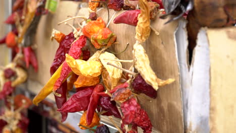 dried red and orange peppers hanging beside the wall