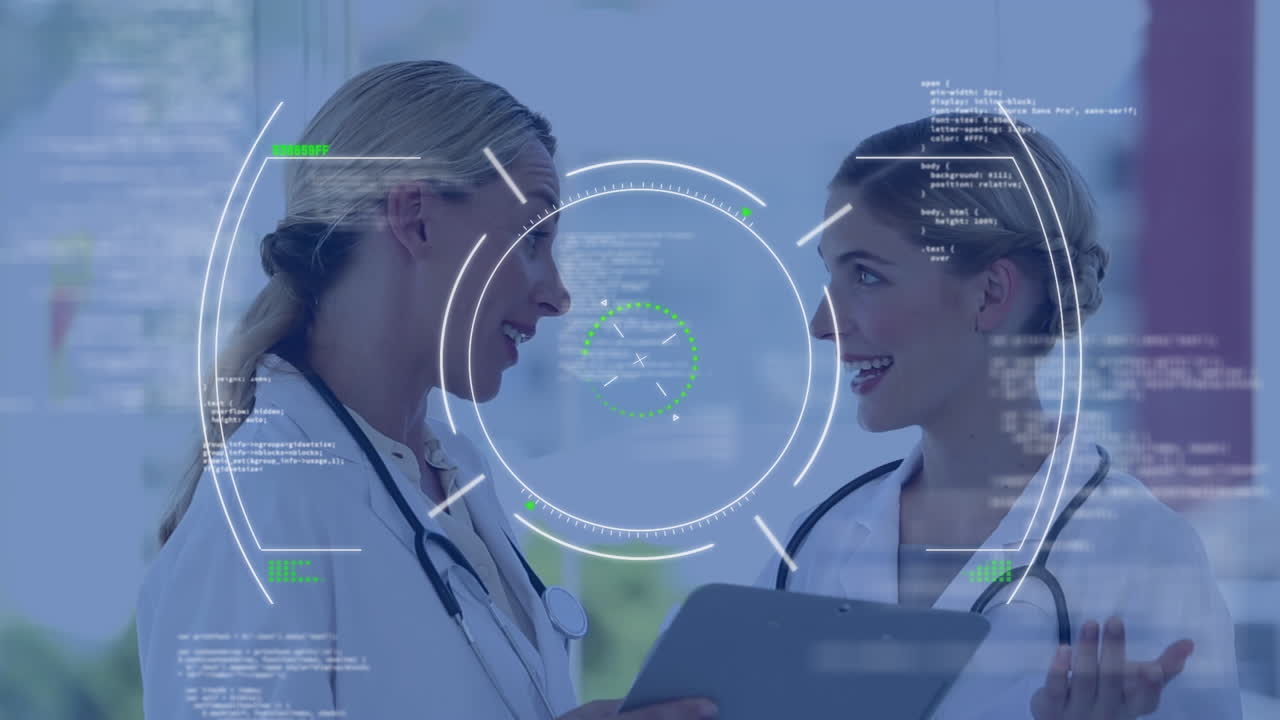 Animation of scope scanning and data processing over caucasian female doctors