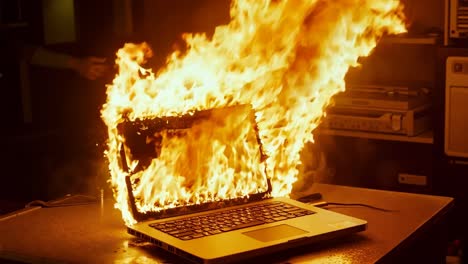 a laptop computer on fire on a desk in a dark room