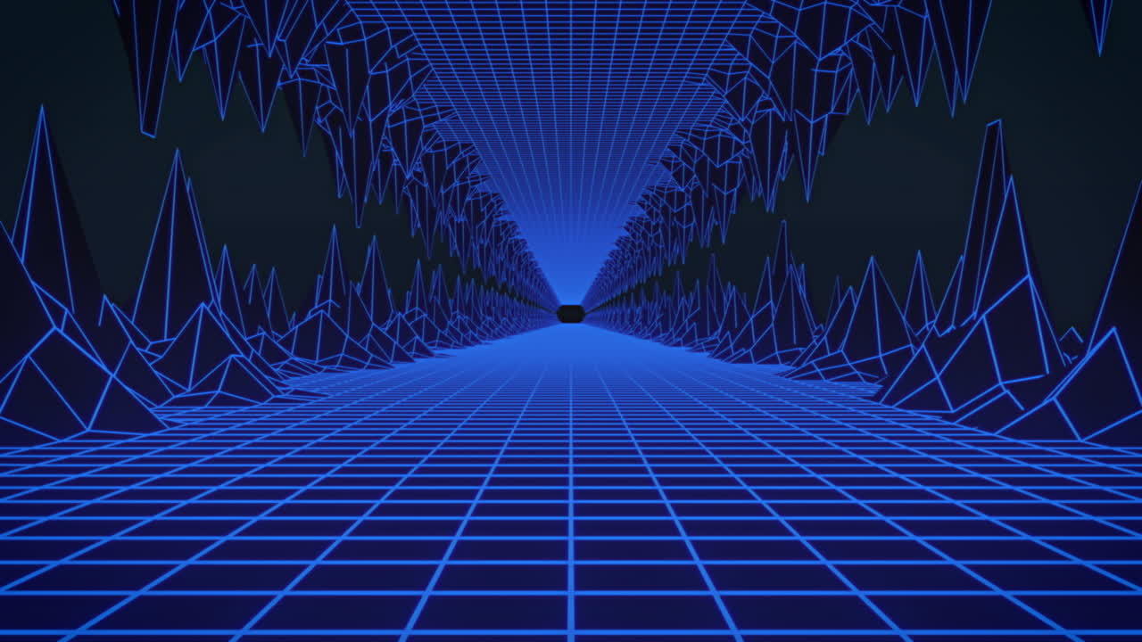 빛나는 파란색 그리드 터널의 애니메이션이 끊임없는 루프로 움직입니다.