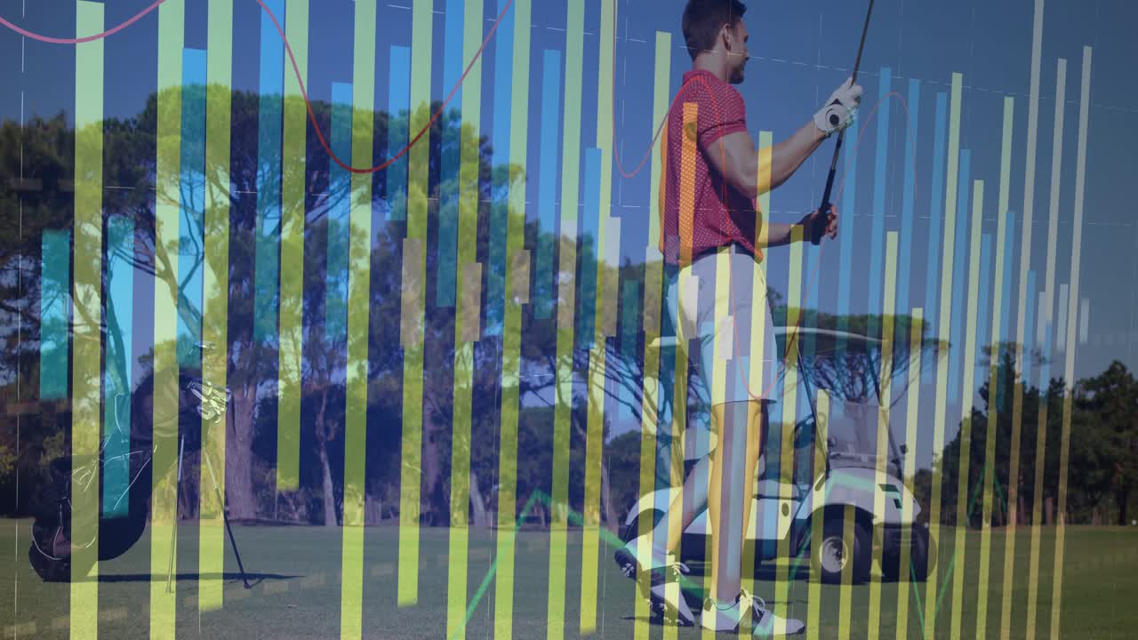 Golfer shading eyes from sun, walking past golf cart preparing swing, bar graph and grid overlaying