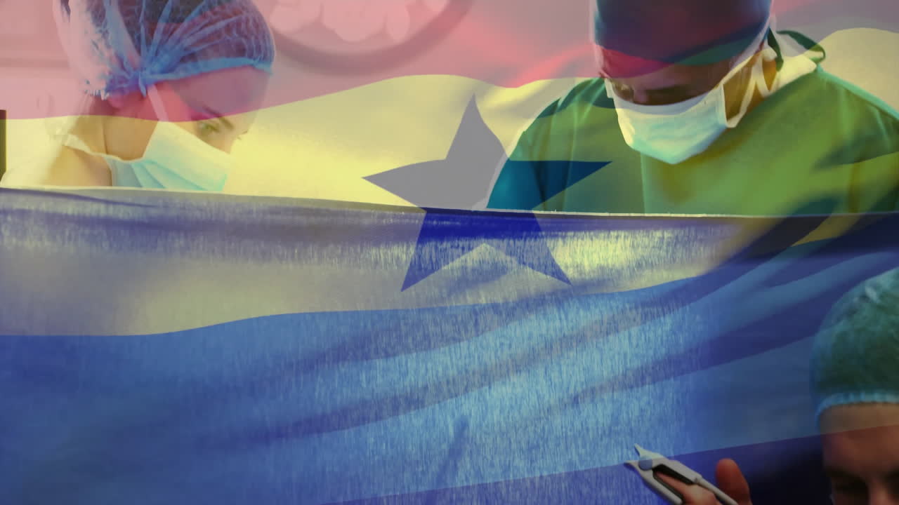 nurse adjusting drape as surgeon operating in operating room with animated icons highlighting tools