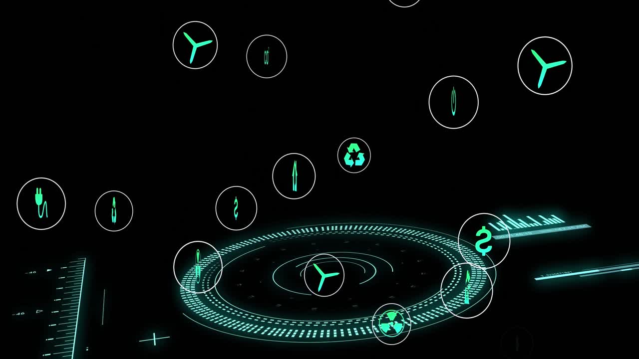 Animation of data processing and ecology icons over scope scanning on black background