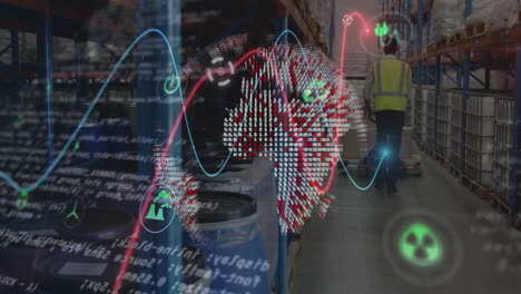 animación de gráficos, procesamiento de datos y globo de píxeles sobre el almacén de mercancías