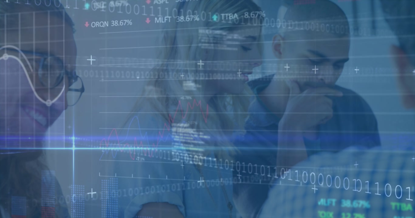 Animasjon av finansiell databehandling over forretningsfolk.