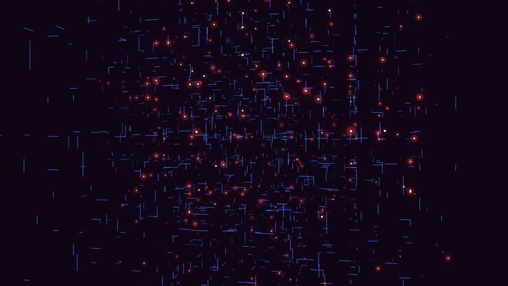 Futuristic cube with neon glitters and lines on black gradient