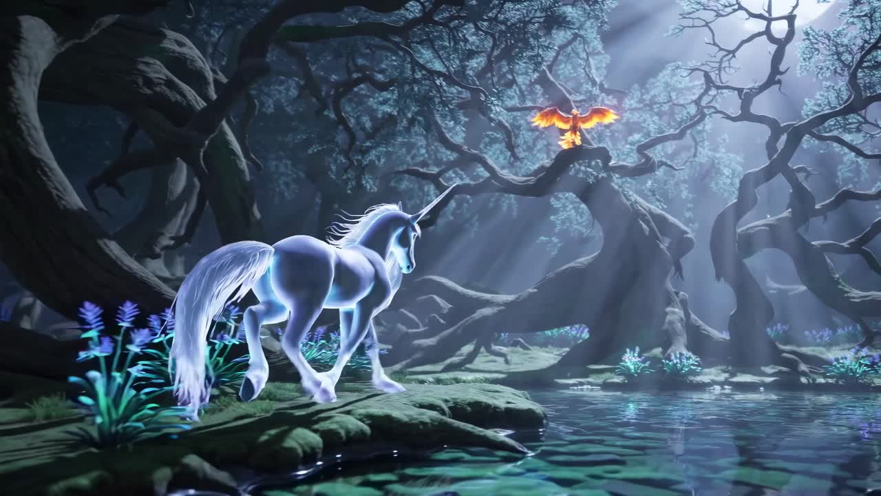 A mystical video scene of a glowing unicorn and a phoenix in an enchanted forest