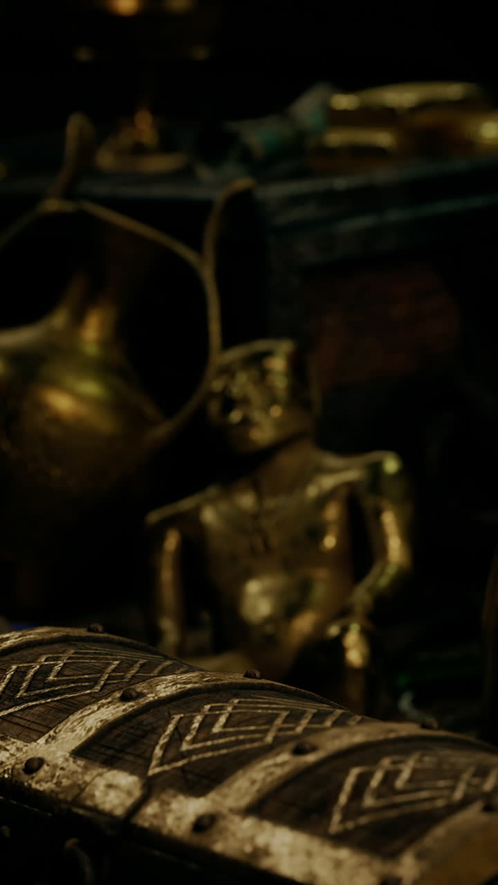 primer plano de una estatua de oro y un cofre del tesoro