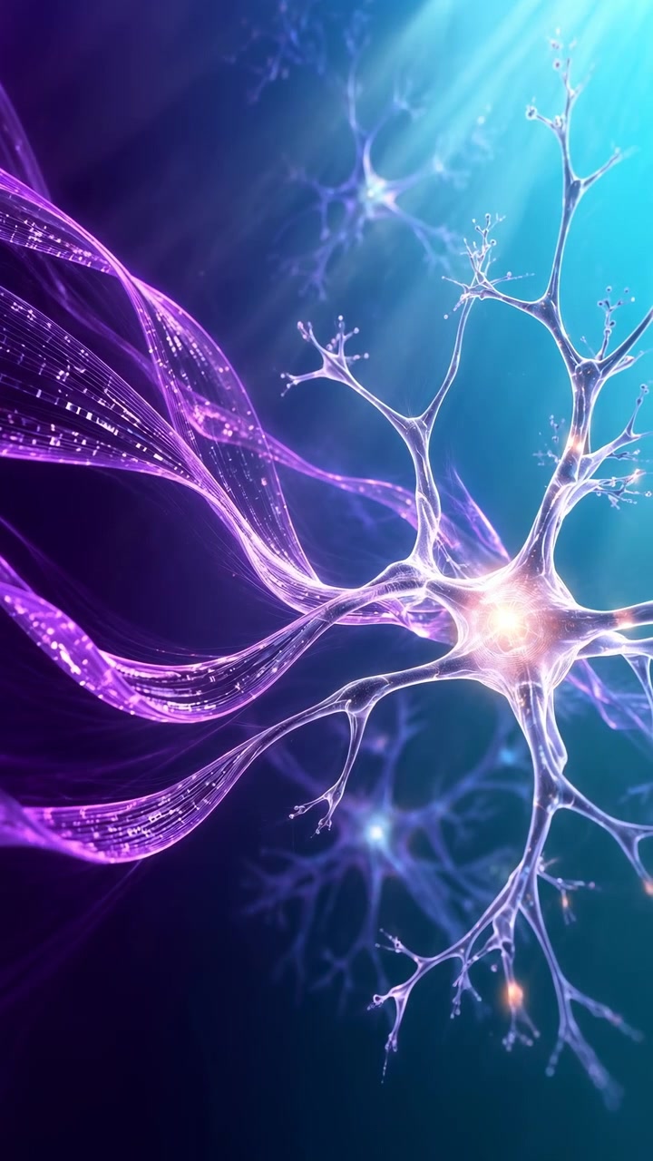 Luminosa cellula nervosa centrale si ingrandisce e si sposta verso il primo piano destro mentre rami delicati si estendono attraverso l'inquadratura, con fasci di fibre viola, luce ciano e neuroni più morbidi stratificati dietro