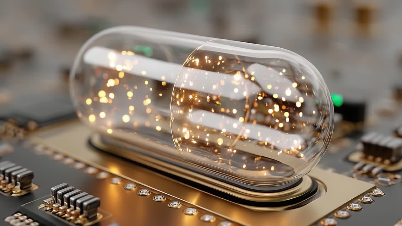 A Captivating Close-Up of a Transparent Capsule Containing Glimmering Lights Positioned on a Circuit Board, Showcasing the Intersection of Technology and Creativity