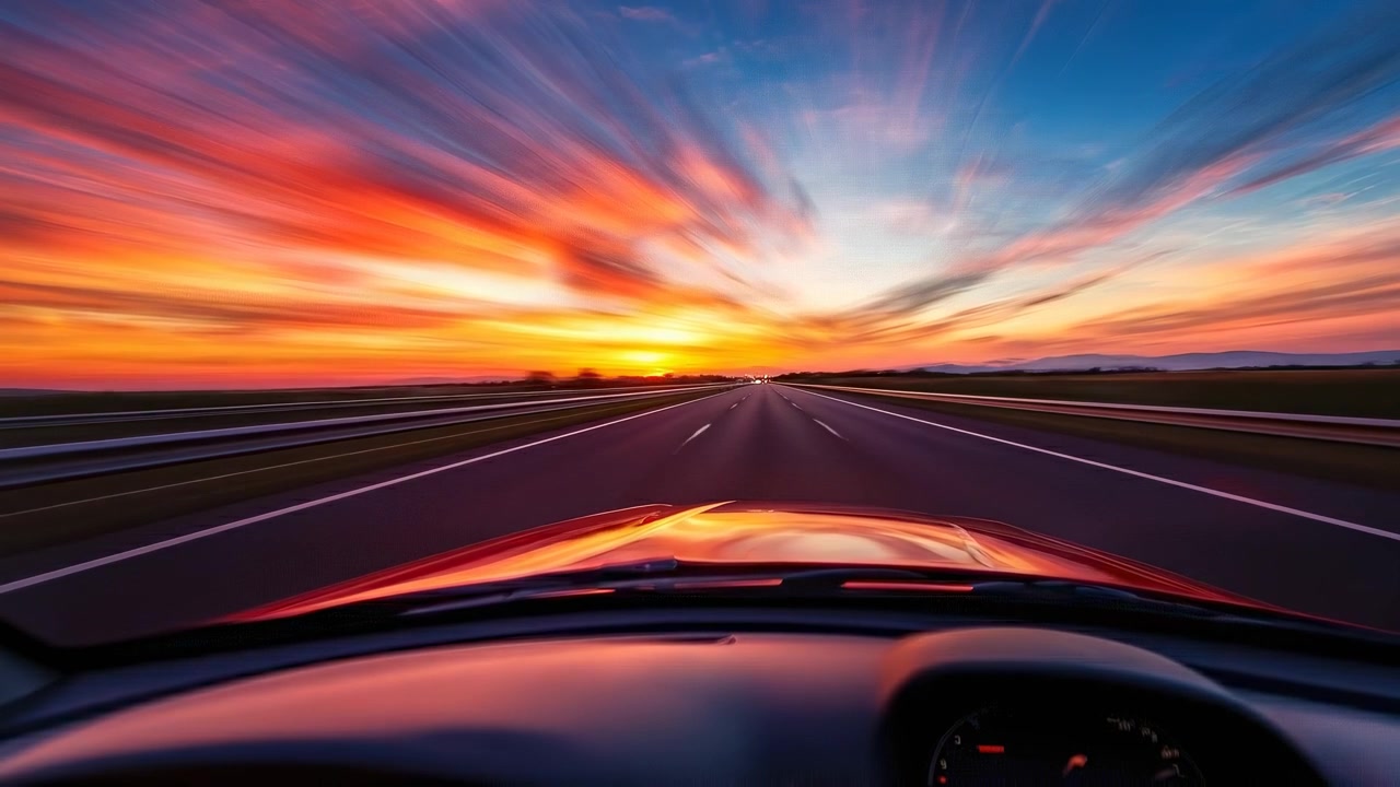 Kjører på motorvei ved solnedgang med bevegelsesuskarphet