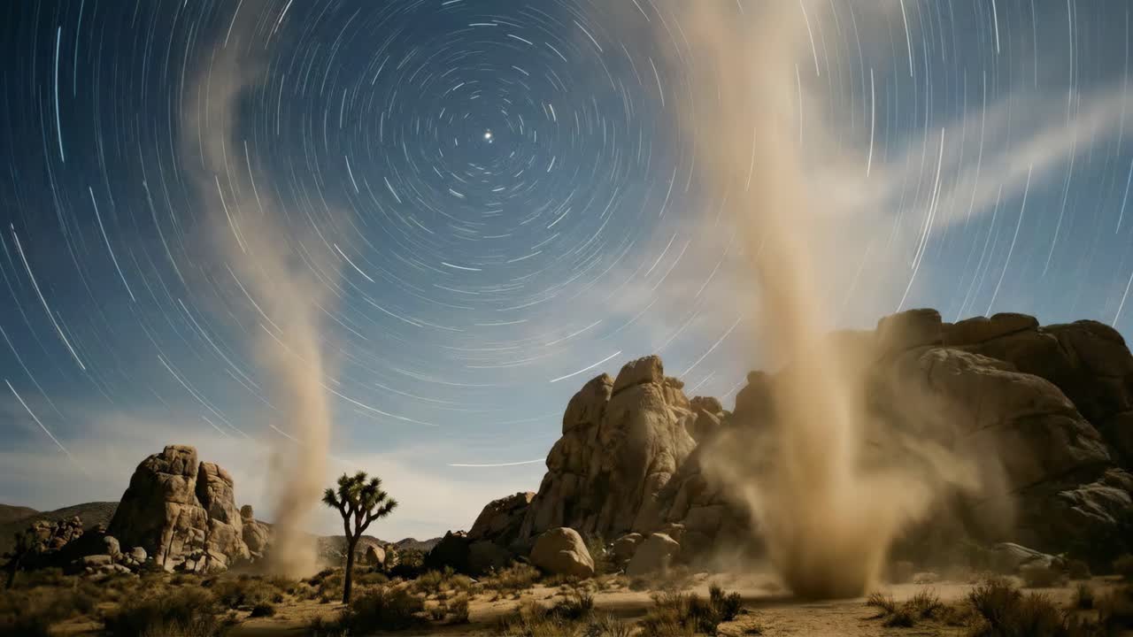 Star Trails Over Joshua Tree Desert Landscape