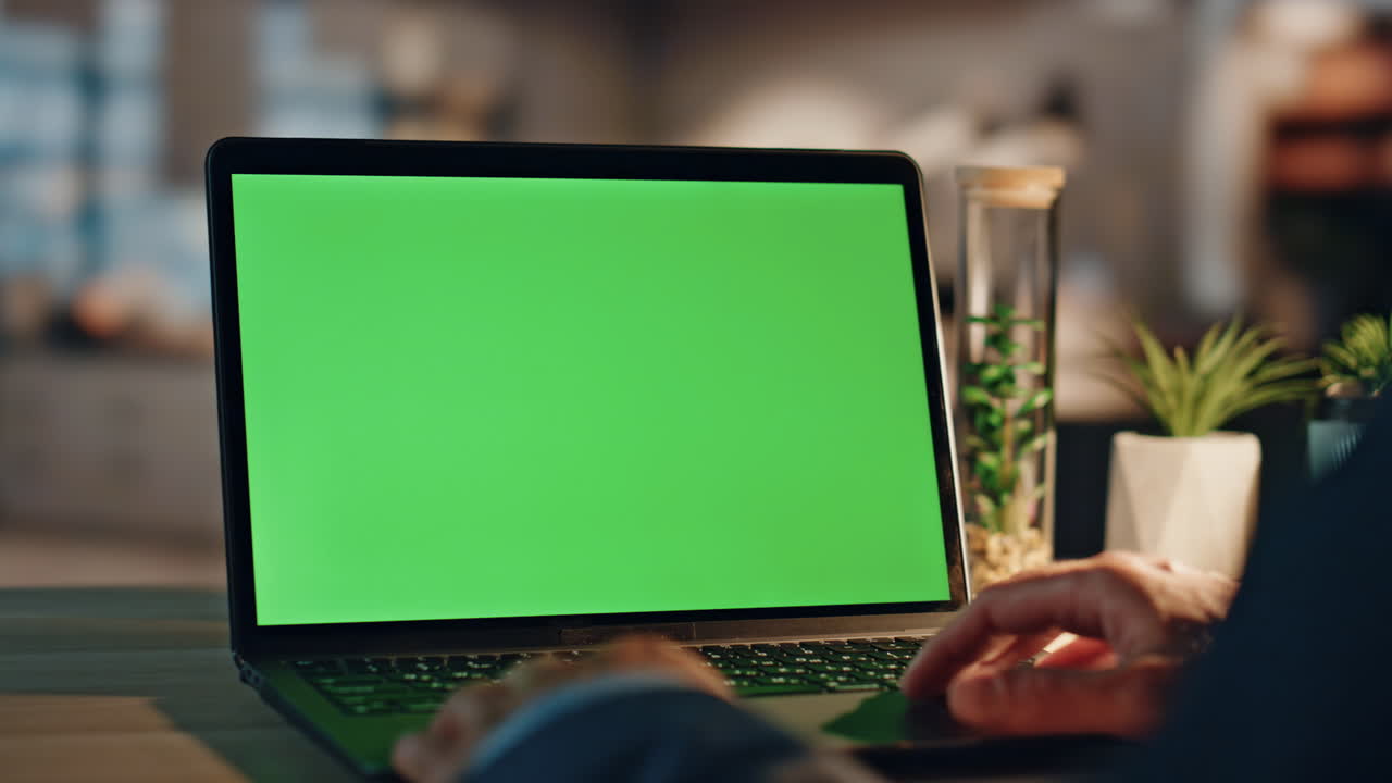 hombre de primer plano leyendo chromakey portátil noche interior del hogar. trabajador independiente