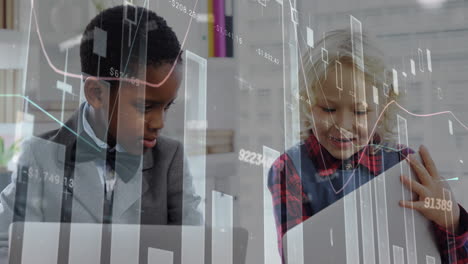 animation of financial data processing over diverse children using laptops at office