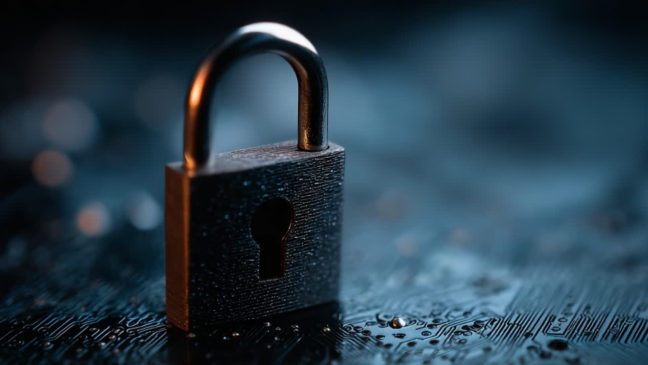 A Close-Up View of a Metallic Padlock on a Circuit Board, Highlighting Security and Technology Themes in a Moody, Professional Setting