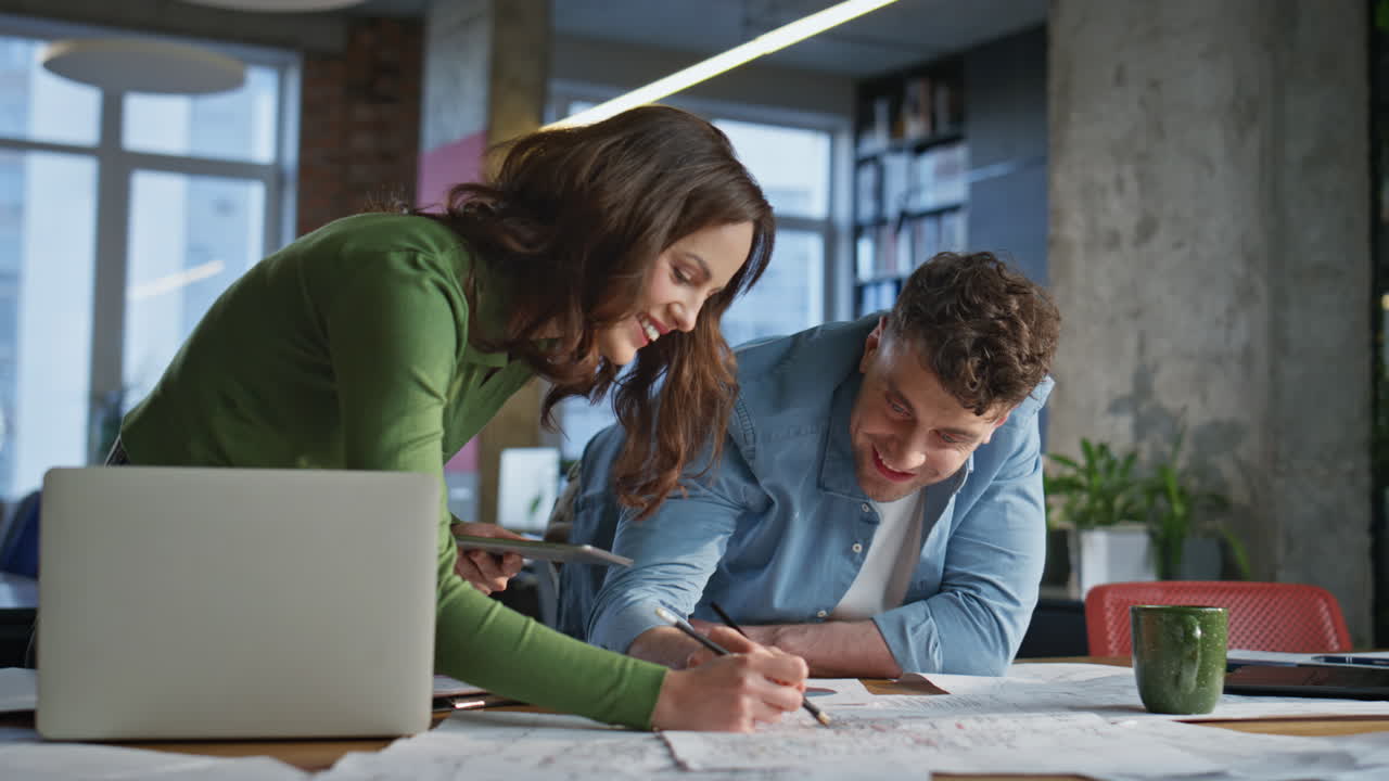 Professional architects working blueprint agency. Specialists creating project