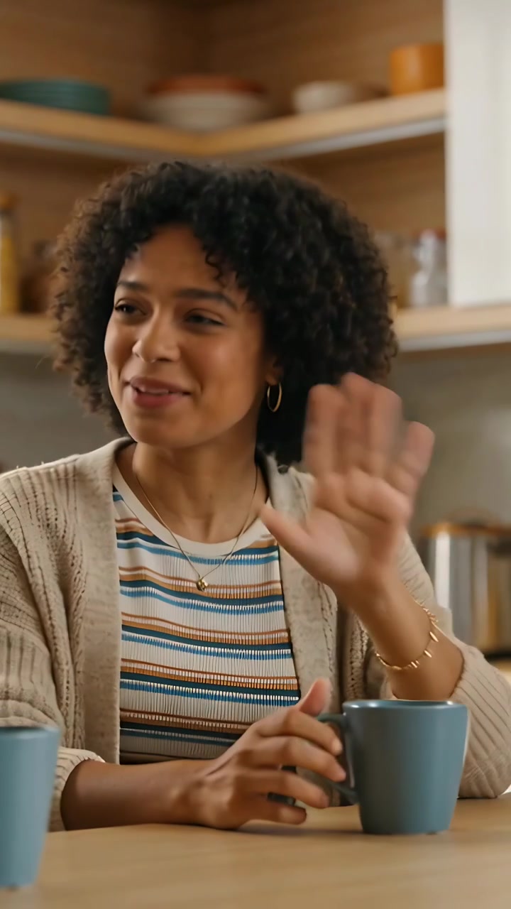 Video verticale: Donna sorridente in cardigan che tiene una tazza blu, girandosi e rispondendo a un gesto in cucina.