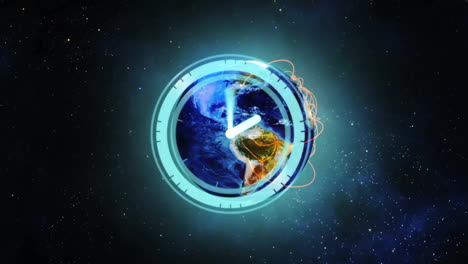 Clock-animation-over-Earth-in-space-with-glowing-lines-and-stars