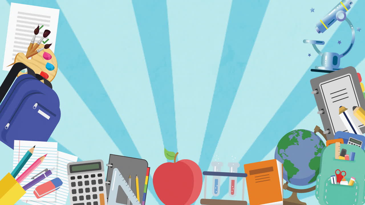 School supplies and apple animation over blue radial background