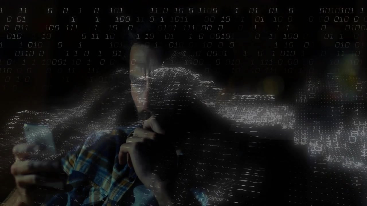 Man sitting on couch reading phone, receiving data and summoning tech binary wave sweeping scene