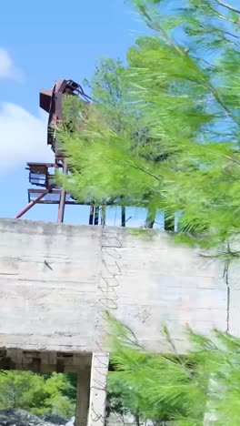 abandoned industrial site with rusty machinery and pine trees