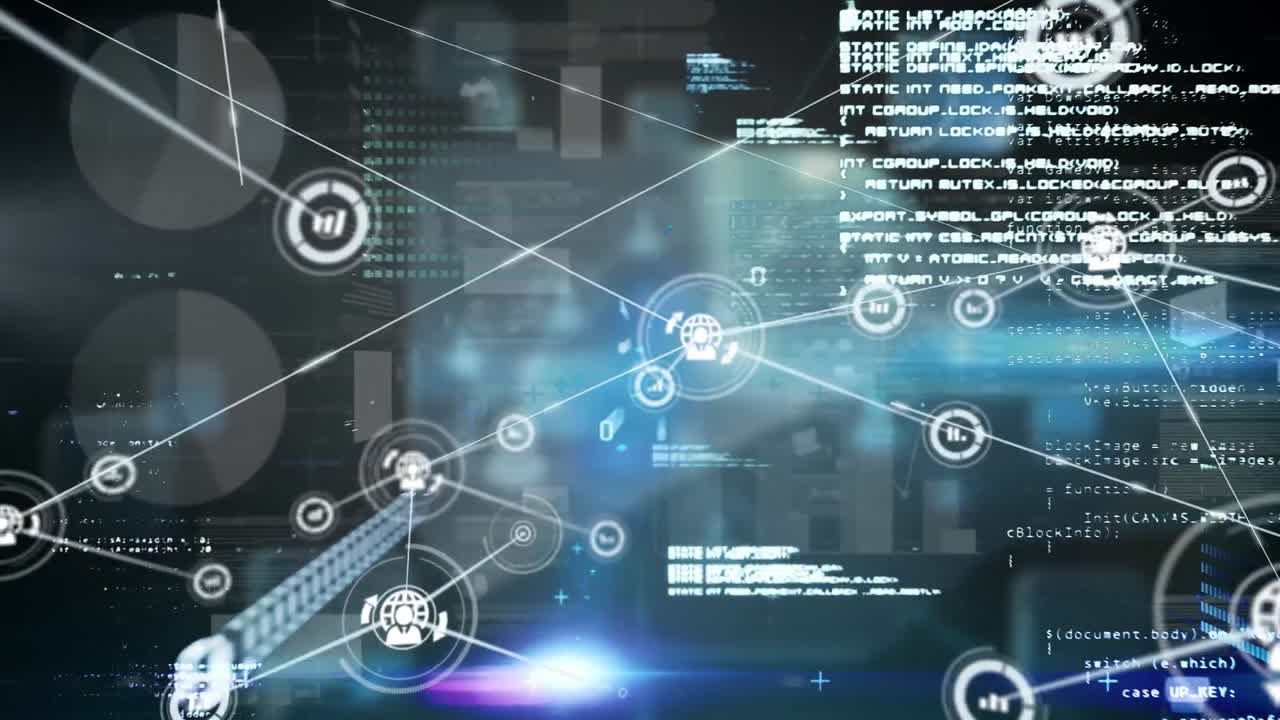 Animation of network of connections with icons over data processing on black background