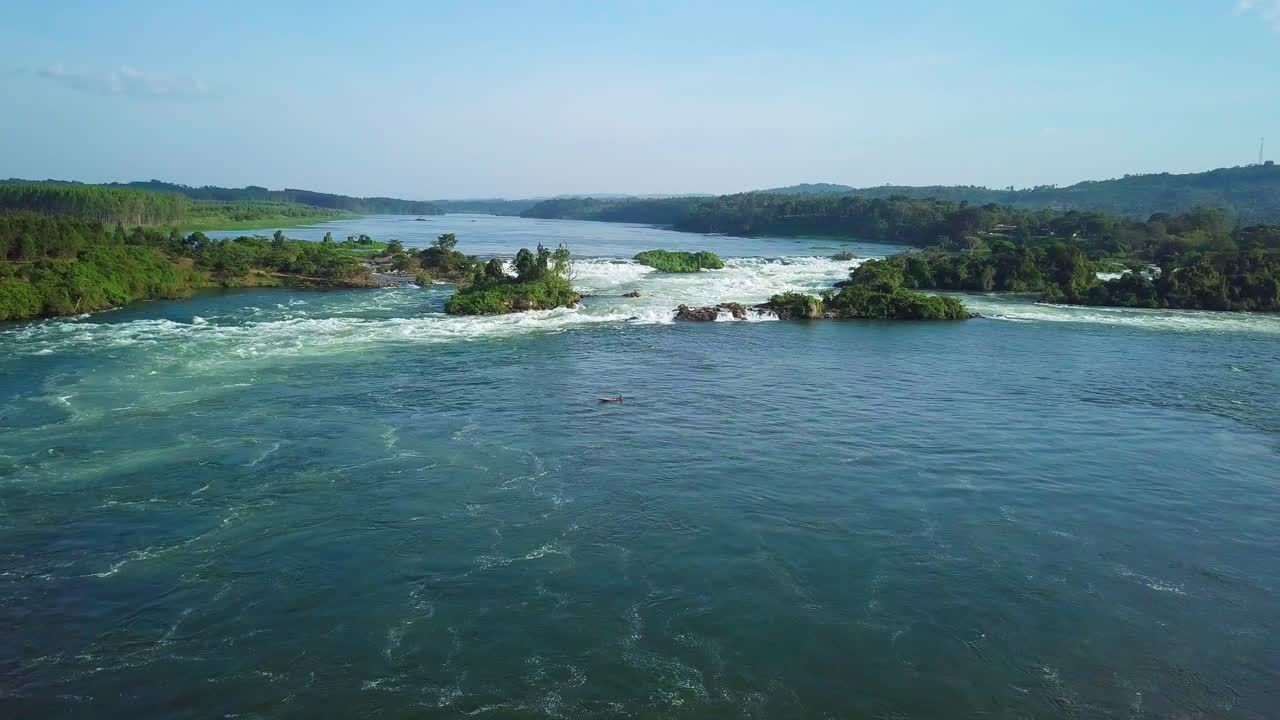 River Nile meandering through a verdant landscape in Uganda, Africa, showcasing the natural beauty and power of one of the world's longest rivers, establishing drone shot
