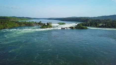 river nile meandering through a verdant landscape in uganda, africa, showcasing the natural beauty and power of one of the world's longest rivers, establishing drone shot