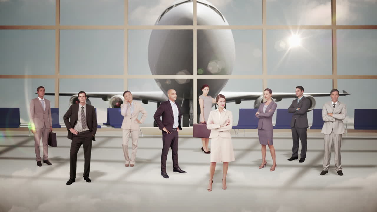 공항 터미널 에 서 있는 비즈니스 팀