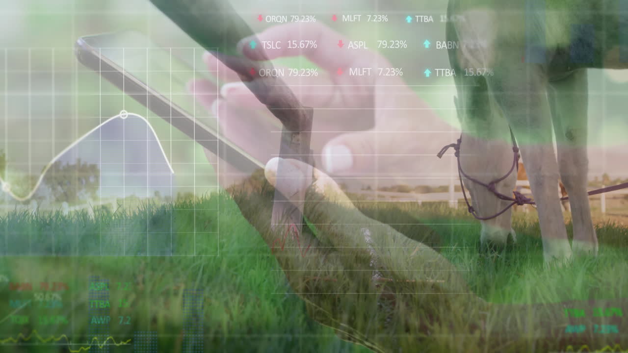 Woman's hands tapping smartphone by white fence, showing floating financial graphs and percentages