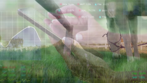 woman's hands tapping smartphone by white fence, showing floating financial graphs and percentages
