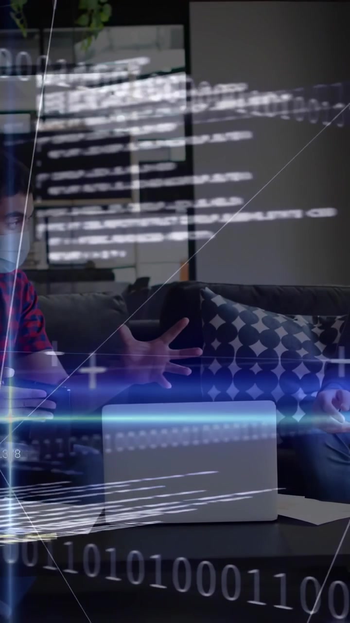 Two men on sofa left tapping phone starting business review data overlay scrolling obscuring people