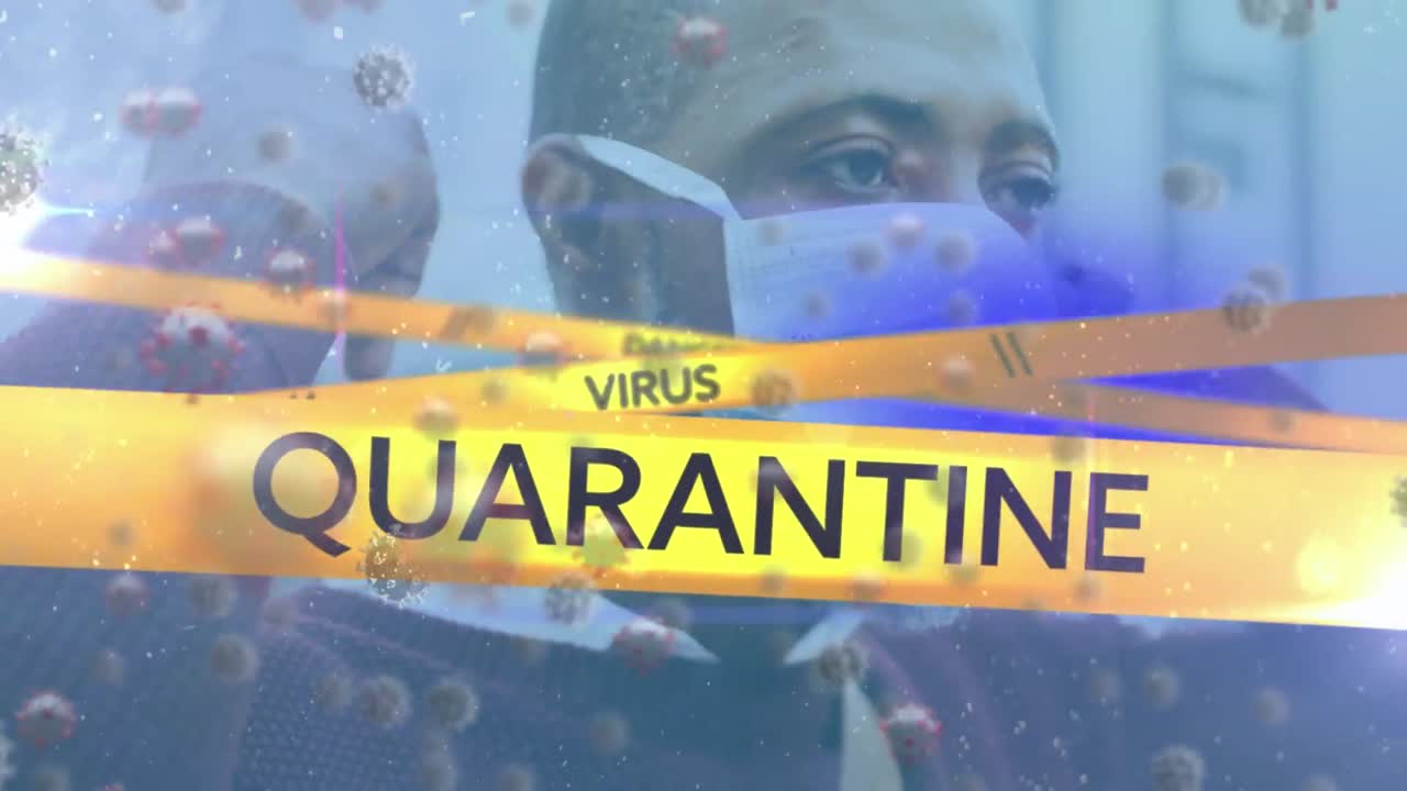 Animation of coronavirus text and cells over man wearing face mask