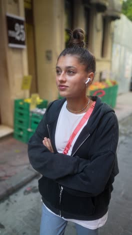 young woman on city street