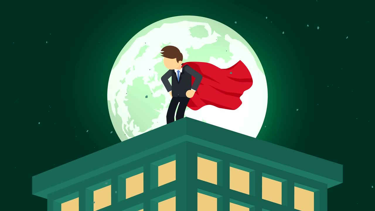 superhéroe en la ciudad de la luz de la luna. de pie sobre el rascacielos. símbolo de negocios. liderazgo y concepto de desafío. animación de bucle cómico.