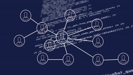 animación de la red de iconos de perfil y procesamiento de datos contra un fondo azul