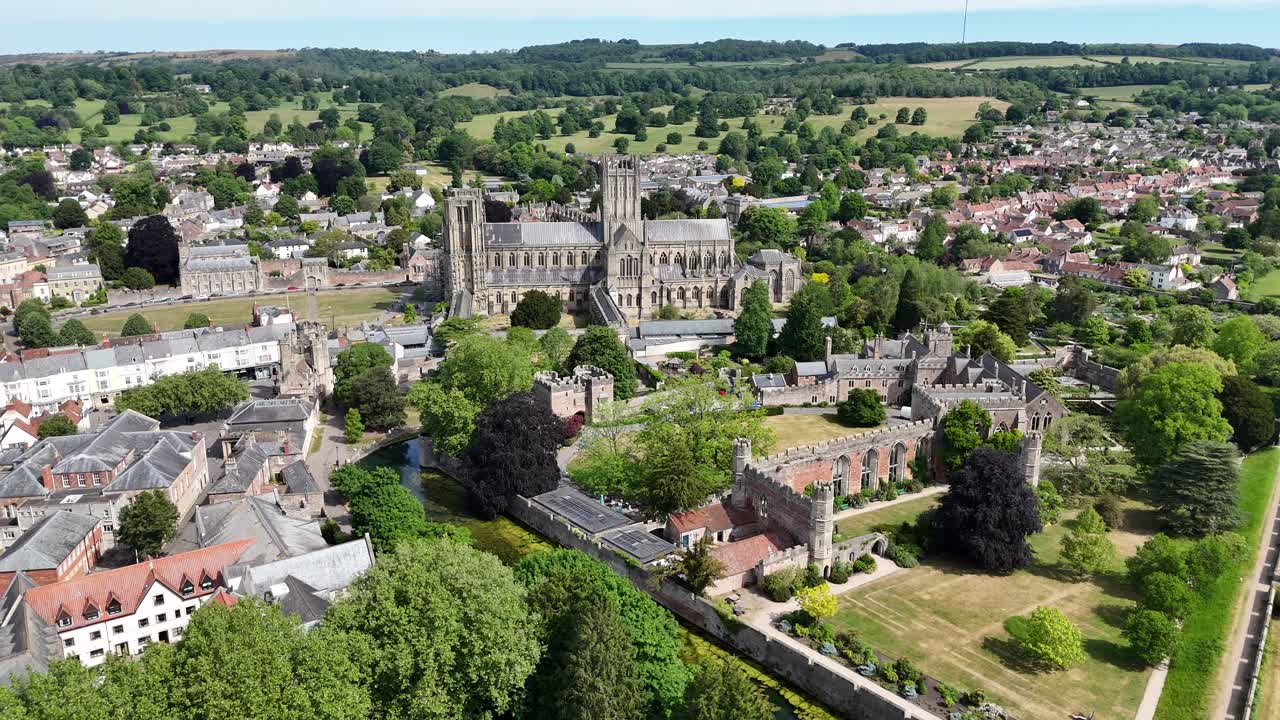 Panning drone aerial The Bishop's Palace. Wells Somerset UK