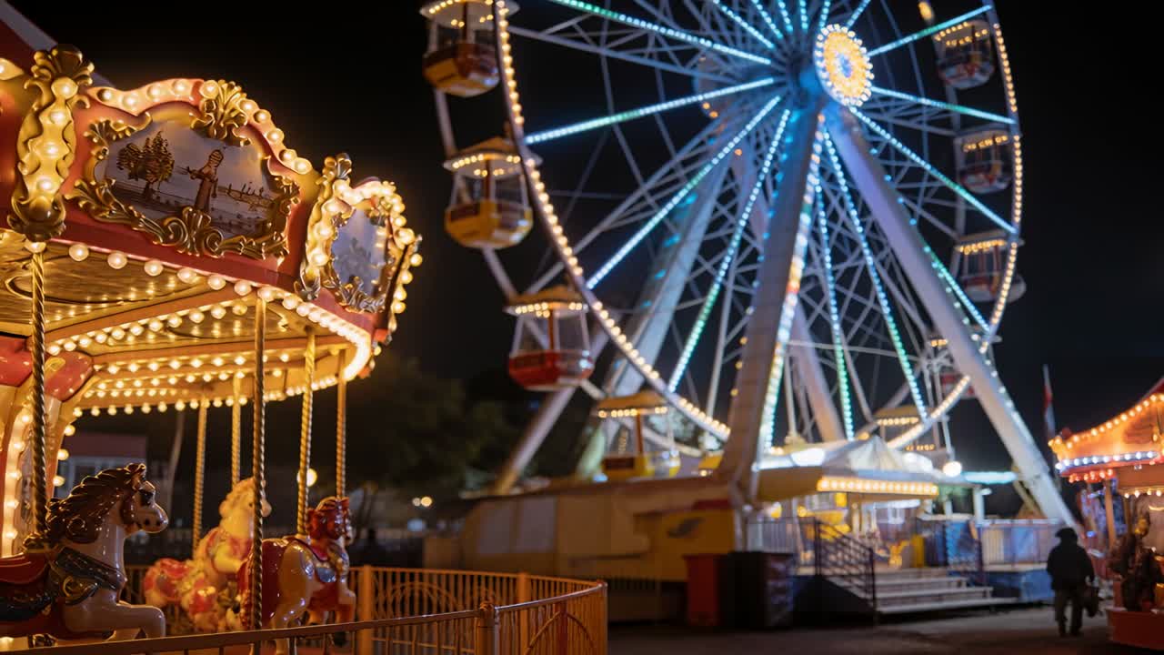 Sharpening camera bringing carousel and Ferris wheel into focus at fairground, with painted horses
