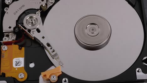 unidad de disco duro abierta con plato giratorio. movimiento de escritura cabeza magnética