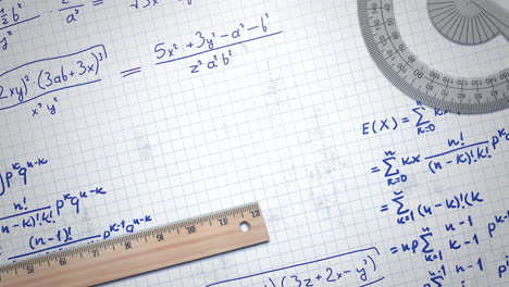 closeup mathematical formula and elements on paper school background 3