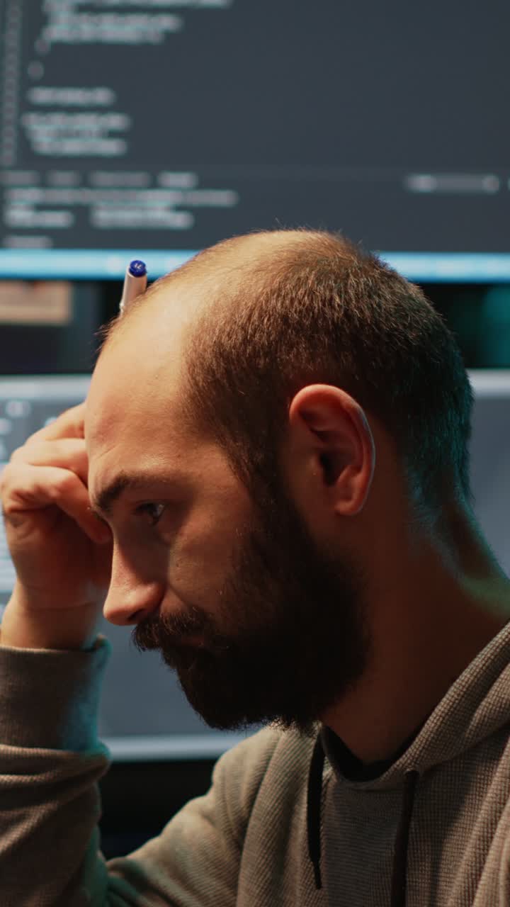 Vertical video: Thoughtful IT engineer brainstorming ideas in office