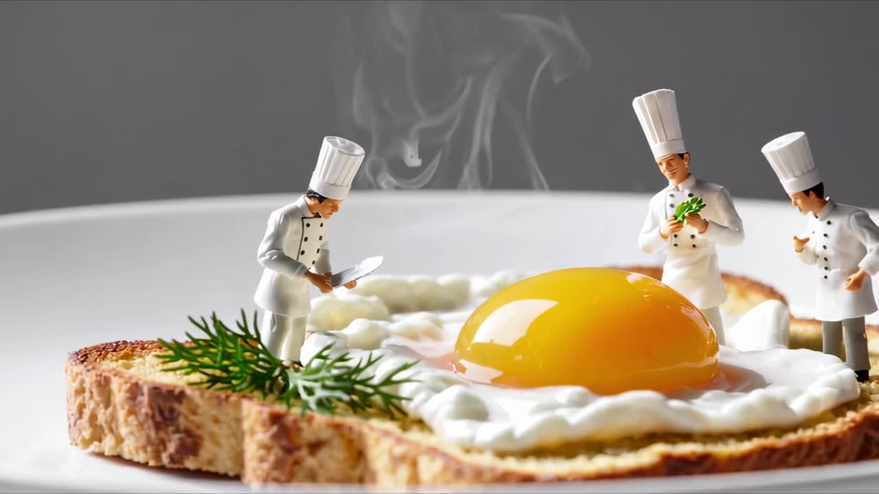 미니어처 요리사들이 협업하여 크기가 큰 고기 달을 한 토스트 위에 조리하며, 신선한 과 함께 섬세하게 장식하며, 작은 부 풍경에서 유쾌한 요리 창의성을 구현합니다.