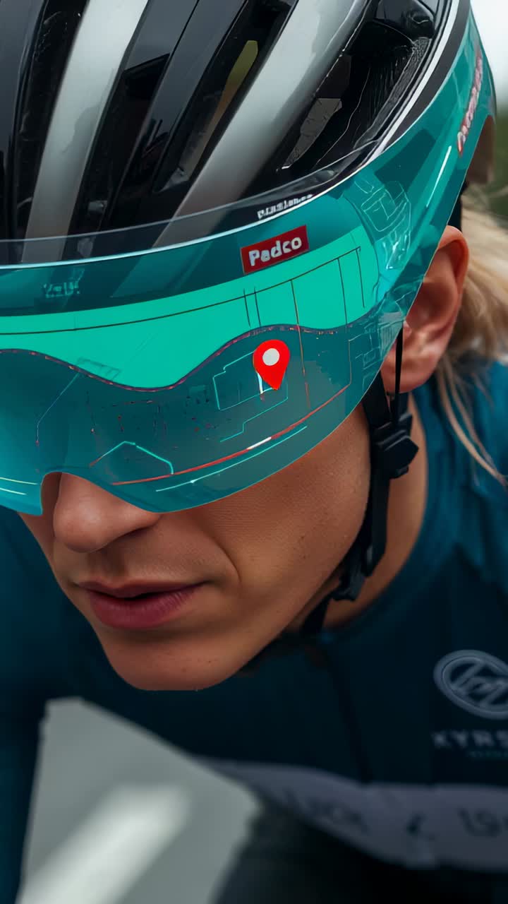 Vertical video: Following red pin, cyclist in teal kit tilting head and riding road, visor visible