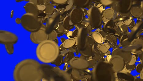 diagonal transitional element, of a large number of golden metallic coins in mid-air against a keyable blue background. the coins are falling or floating and positioned in various orientations