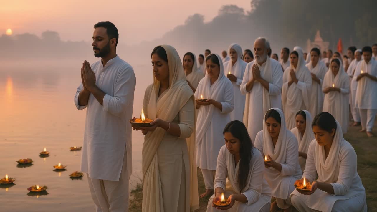Group Praying by Riverside at Dawn