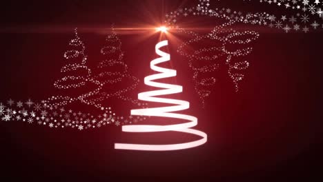 Animation-of-christmas-white-ribbon-forming-christmas-tree-on-red-background