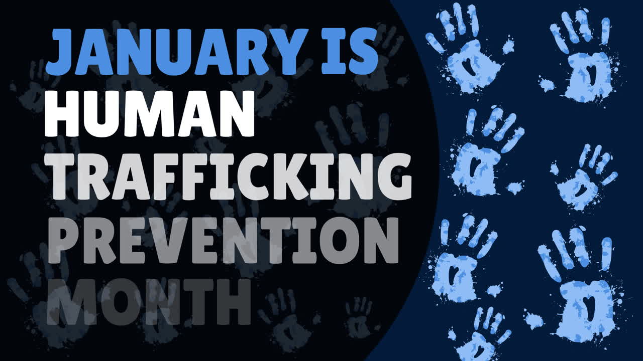 - 인신매매를 중단하라는 문장의 애니메이션 - 파란색 배경에 파란색 손이 그려져 있다.