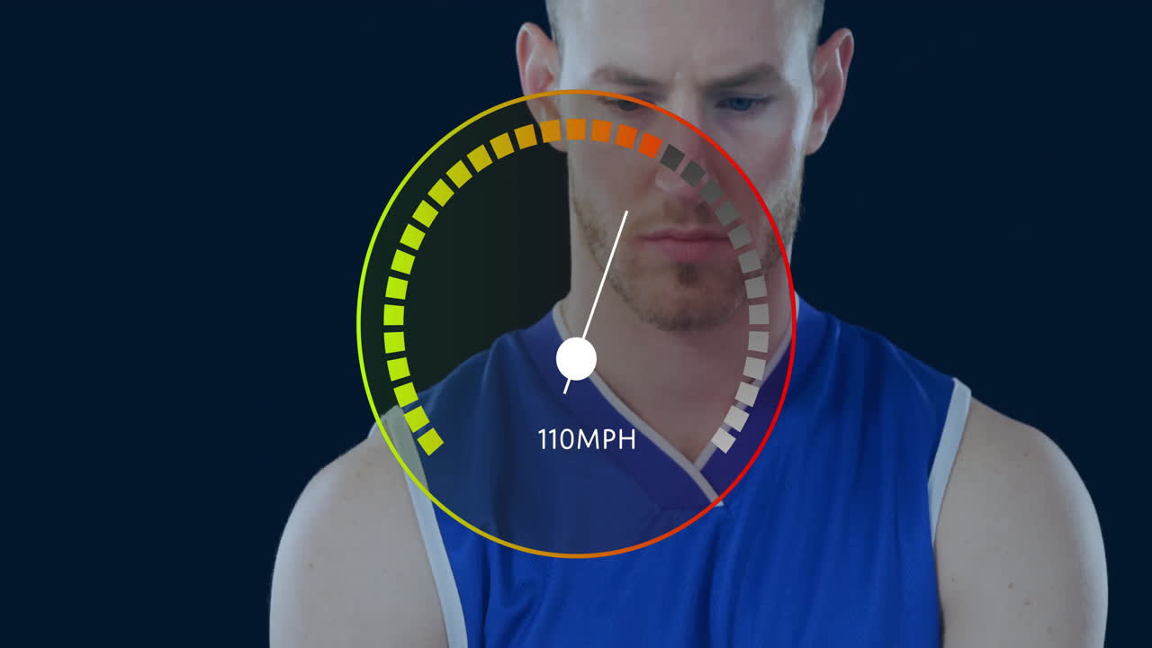 Speedometer animation showing 110 MPH over focused athlete in blue jersey