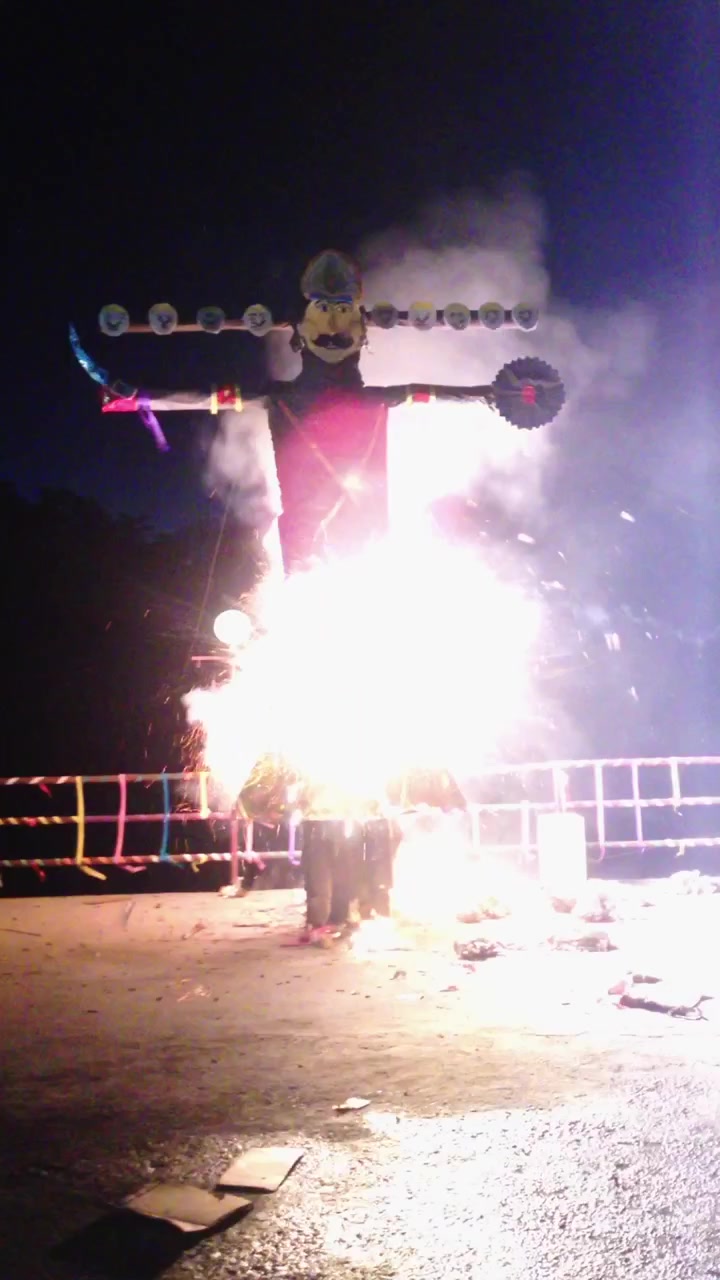 Ravana effigy burning purposely on Dussehra Festival during nighttime. Festivities.